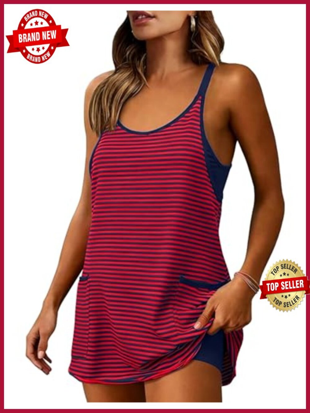 Women's Athletic Mini Dress Sleeveless V Neck Built-in Shorts Striped Tennis